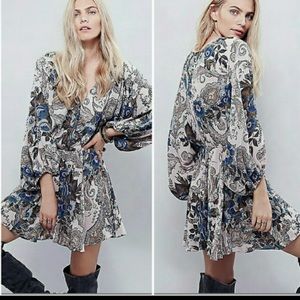 Free people floral mini dress balloon long sleeve sundress boho size S